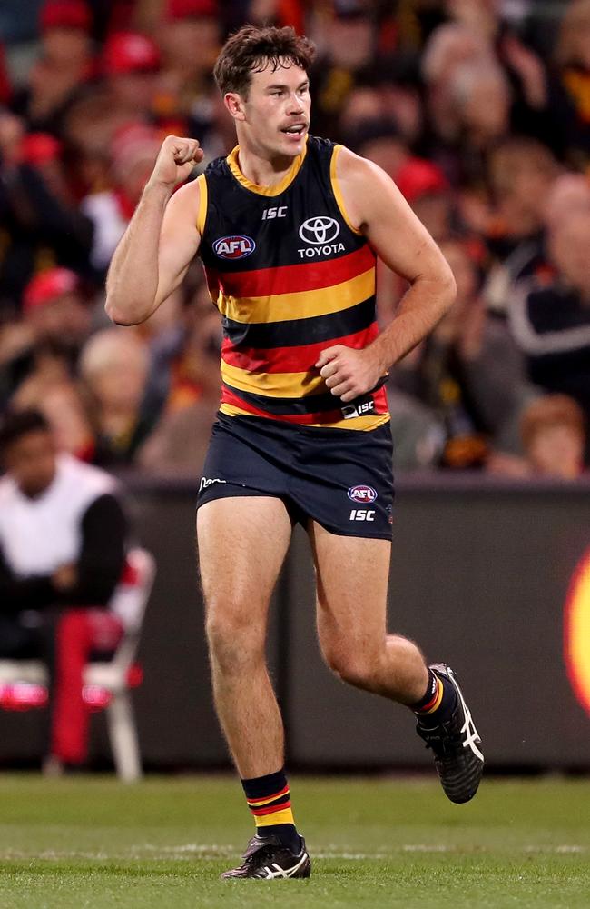 Mitch McGovern of the Crows celebrates a goal against Carlton in Round 7. Picture: Getty Images