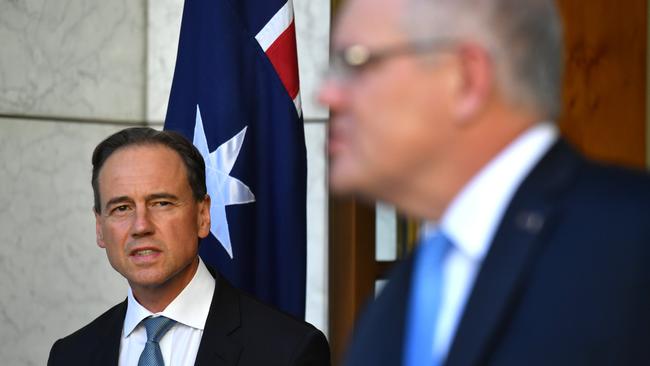 Health Minister Greg Hunt and Prime Minister Scott Morrison speak to the media on Friday. Picture: AAP