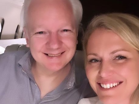 Julian Assange and lawyer Jennifer Robinson, a member of the WikiLeaks founder's legal team on a flight back to Australia. Picture: Instagram