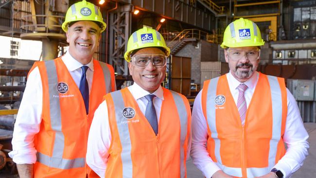 Premier Peter Malinauskas and Federal Minister Ed Husic talk to steel worker Matt Rogers after announcing the Whyalla steel plant will be run on hydrogen fuel, making it the first green steel plant in the world. April 4, 2023. Picture: GFG ALLIANCE/Brenton Edwards