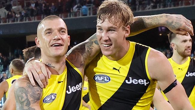 Premiership stars Dustin Martin and Tom Lynch will eat up a huge chunk of the Tigers’ cap space. Picture: AFL Photos/Getty Images