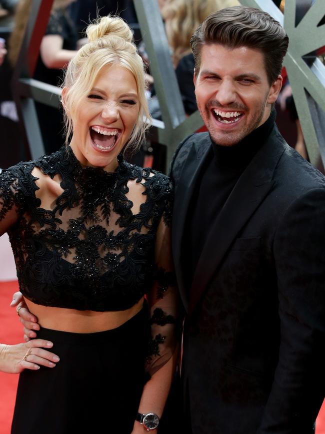 Music duo Jess Dunbar and Matt Price looked thrilled to be attending the ARIAs. Picture: Jonathan Ng