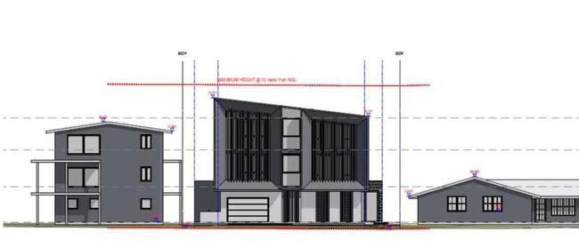 The height of the proposed boarding house compared with the existing three-storey unit block and single story home either side. Picture: supplied