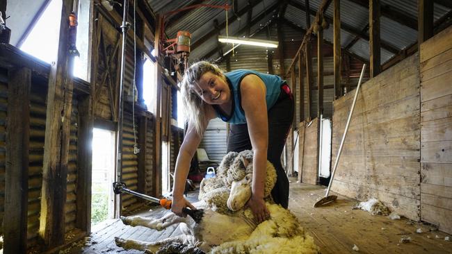 Bailie Garnham working as a shearer on a property near Barham, NSW. Picture Brad Newman