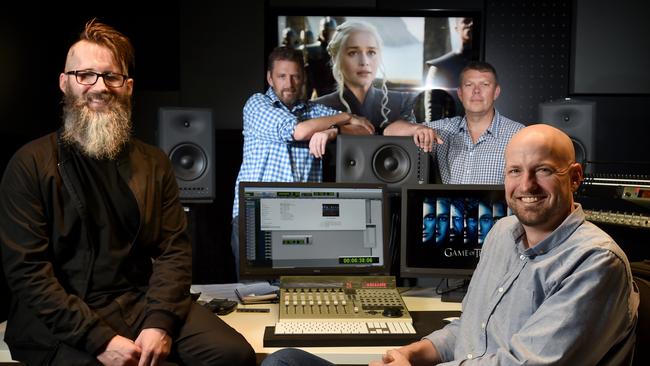 SA company Cospective CEO Rory McGregor (far right) with his team Robby Bartlett, Neil Wilson and Rolly Empson at the SA Film Corporation studios in Glenside. Picture: Naomi Jellicoe