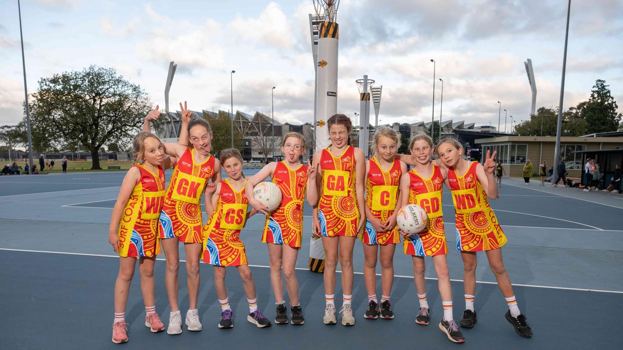 Surf Coast Suns Bremlea under-11 netball team pull their funniest faces.