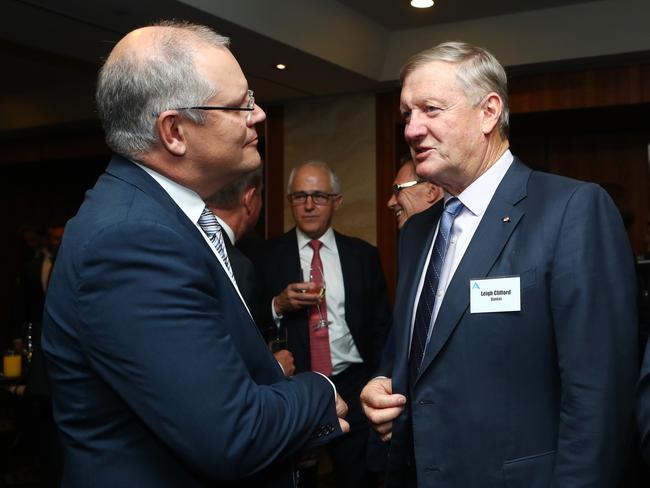 Treasurer Scott Morrison with Leigh Clifford from Qantas at the Business Council of Australia's annual dinner. Picture: Hollie Adams