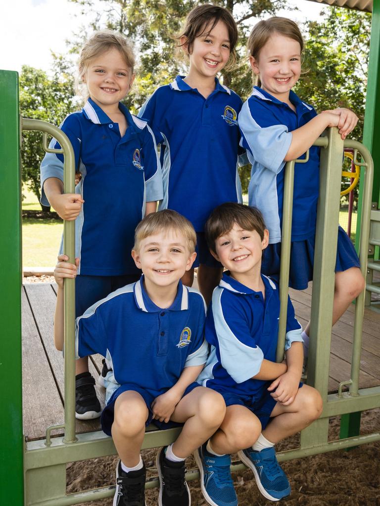 My First Year 2022: Emu Creek State School Prep students (front) Finley (left) and Hudson with (back, from left) Bobbie, Lillyth and Arly. Absent is Luke, Tuesday, March 1, 2022. Picture: Kevin Farmer