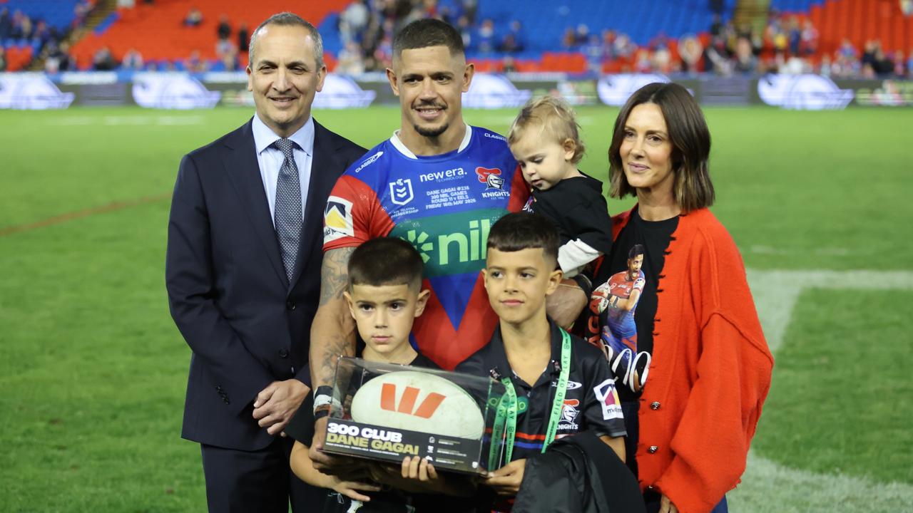 Dane Gagai celebrates his 300th game with his family and Andrew Abdo. (Photo by Scott Gardiner/Getty Images)
