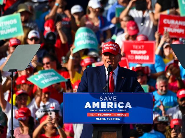 Former US President Donald Trump speaks during a "Save America" rally ahead of the US midterm elections at the Miami-Dade County Fairgrounds in Miami, Florida, on November 6, 2022. (Photo by Eva Marie UZCATEGUI / AFP)