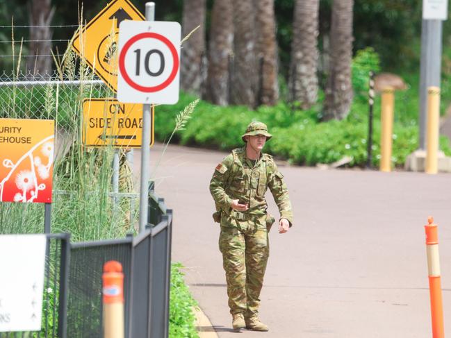 Beefed up security, Tradesmen and the ADF at the former INPEX Workers Village at Howard Springs in Darwin's Rural Area  as preparations are made for the arrival of Corona Virus Evacuees.Picture GLENN CAMPBELL