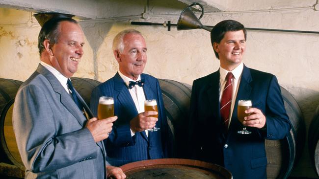 Bill Cooper, Maxwell Cooper and Tim Cooper at the former brewery site at Leabrook in about 1990.