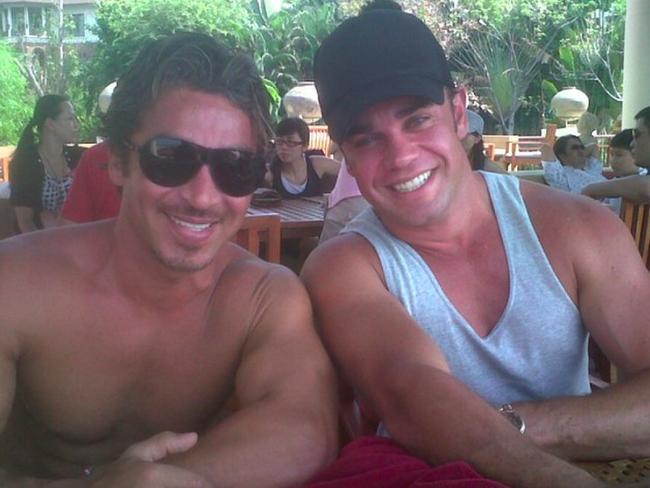 John Ibrahim and Ryan Watsford on holidays together. John later ordered Watsford and friend Jaron Chester to lose their eyebrows as punishment for taking money from Michael. Picture: Facebook