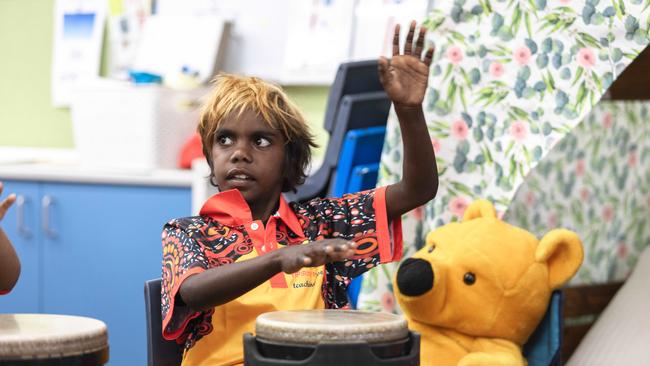 Students at Yipirinya School participating in a drumming program, led by Peter Lowson. Picture: Nico Liengme