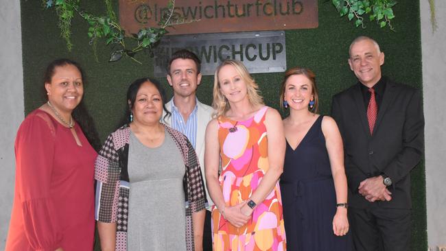 Bundamba State Secondary College staff Chantal Nagas, Jackie Toelein, Tyrone Jones, Shannon Wellings, Tanya Woodall, and John Jennings at the 2021 Bundamba State Secondary College year 12 formal, Ipswich Turf Club 17th of November 2021. Picture: Jessica Baker