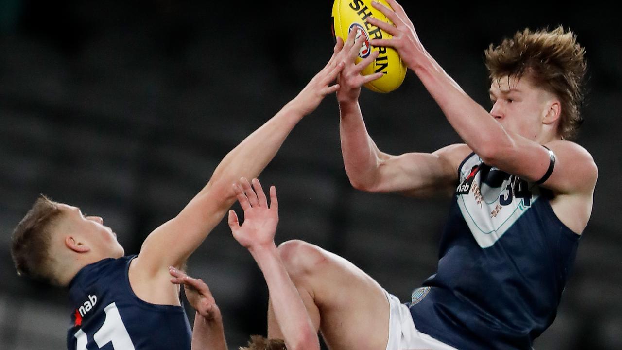 Max Gruzewski takes a spectacular mark against Vic Country. Picture: Dylan Burns/AFL Photos