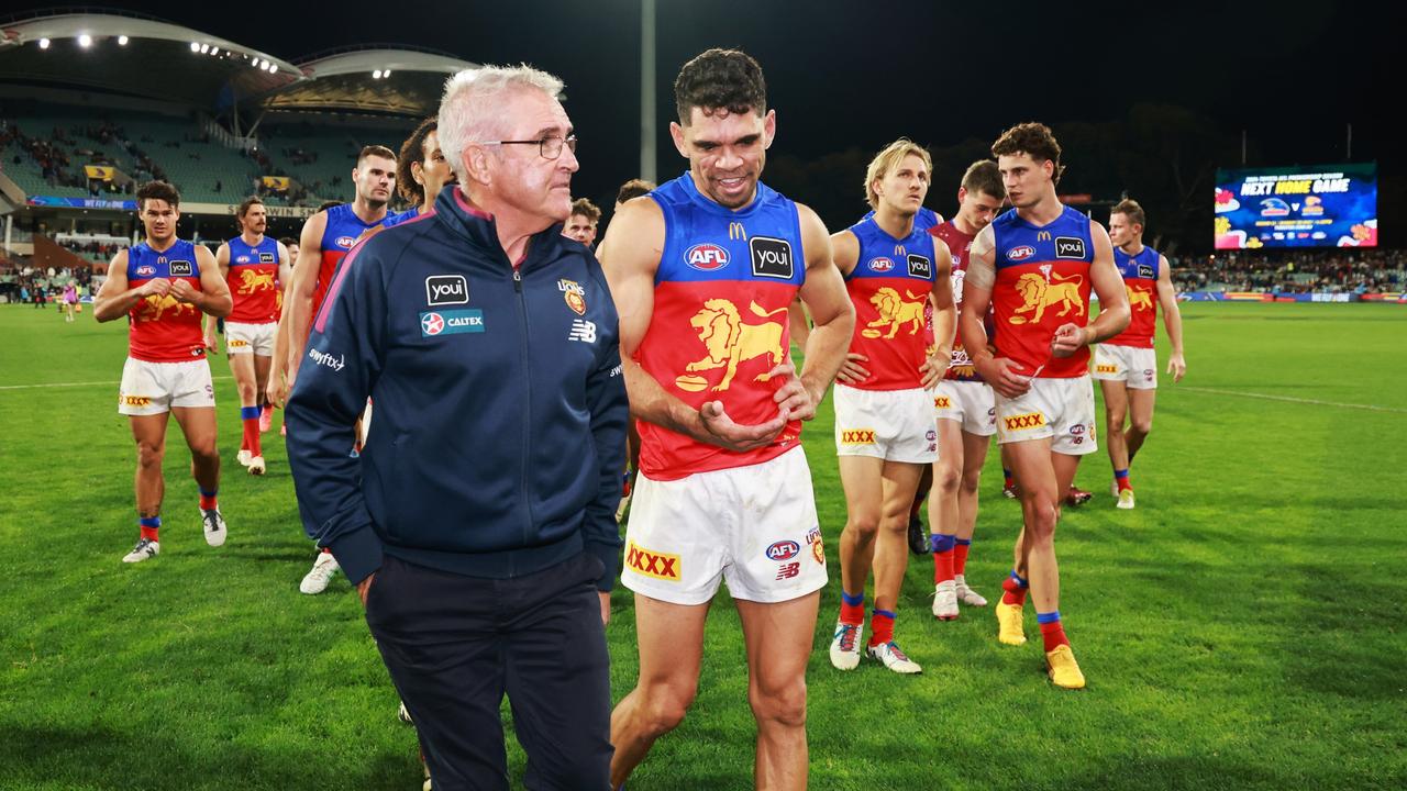 Lions coach Chris Fagan (left) wants his players feeling ‘uncomfortable’. Picture: James Elsby/AFL Photos via Getty Images