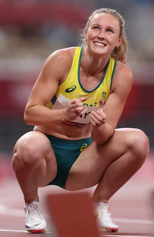 TOKYO, JAPAN - AUGUST 02: Riley Day of Team Australia reacts after she competes in the Women's 200 metres semi finals on day ten of the Tokyo 2020 Olympic Games at Olympic Stadium on August 02, 2021 in Tokyo, Japan. (Photo by Michael Steele/Getty Images)