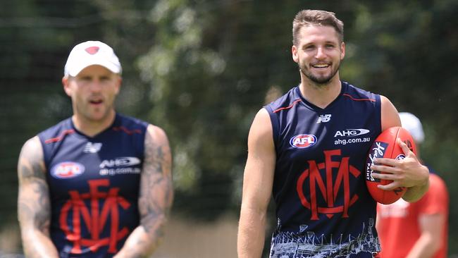 Nathan Jones (left) with Jesse Hogan at Demons training earlier this year. Picture: Wayne Ludbey