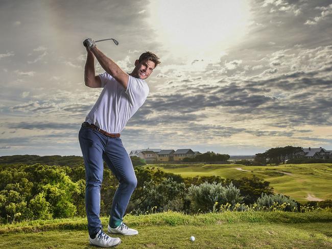 Tom Hawkins goes to his happy place: Barwon Heads Golf Club. Picture: Nigel Hallett