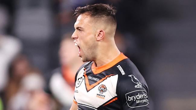 Luke Brooks kicked the match-winning field goal for Wests Tigers. Picture: Mark Kolbe/Getty Images