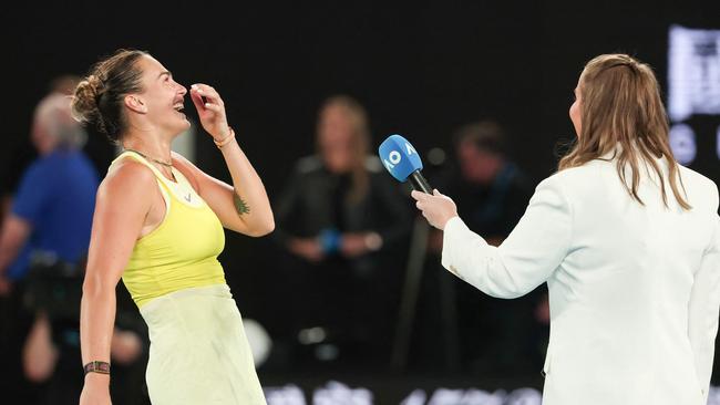 Aryna Sabalenka (left) had the crowd in stitches after her semi-final triumph. (Photo by DAVID GRAY / AFP)