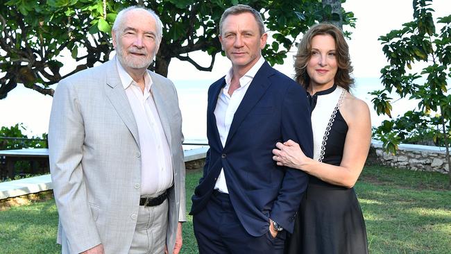 Bond franchise owner Barbara Broccoli, right, Bond film series producer Michael G Wilson and star Daniel Craig at the No Time to Die film launch at Ian Fleming's Home GoldenEye in Montego Bay, Jamaica, in 2019. Picture: Slaven Vlasic/Getty Images for Metro Goldwyn Mayer Pictures