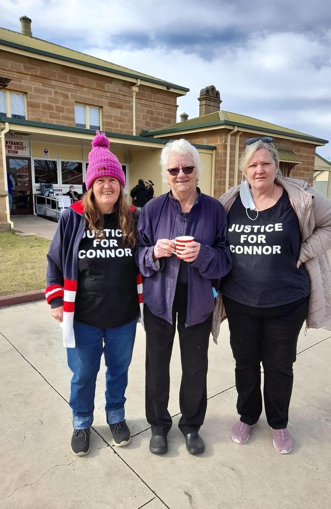 Pat, Marion, and Bernadette wearing shirts in support of Connor Horan's family during Lisa Rose Halcrow's sentencing in Warwick Magistrates Court this week. Photo: contributed