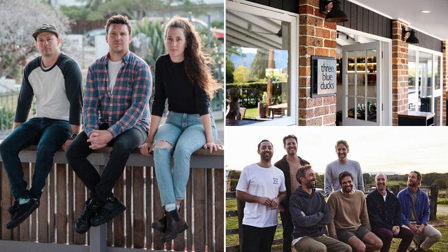 The Hilltop Cafe owners Matt Evans, Richie Dolan and Carla Jones, left. They were booted from their restaurant at The Lodge Bellingen, with the Three Blue Ducks celeb team, bottom right, opening in the restaurant space last week., top right. Pictures: Leah Moore/Supplied