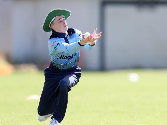 Newcastles Max Gallagher takes a catch.Hamwicks v Newcastle in SG Moore Cup cricket at Kahibah Oval Sunday 13th October 2024.pic Sue Graham.