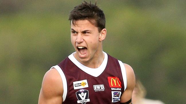 Ballarat FL footy: Melton v Sebastopol: Kyle Borg of Melton celebrates a goalSaturday, May 1, 2021, in Harkness, Victoria, Australia. Picture: Hamish Blair