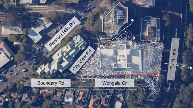 An aerial site view of a proposed mixed-use development at 7 City View Road, Pennant Hills.