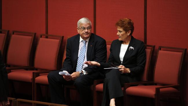 Job PD900844: One Nation Senators, Pauline Hanson with NSW senator Brian Burston  in the Senate chamber in Parliament House in Canberra. Picture Gary Ramage