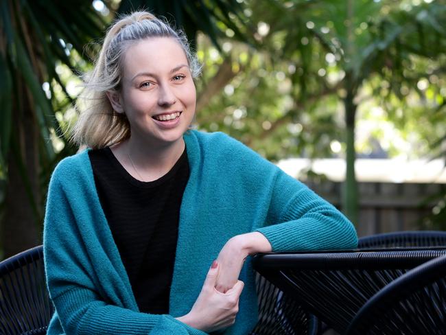 Brisbane woman Kristen Larsen, 26, has been battling ovarian cancer for six years. Picture: AAP/Steve Pohlner