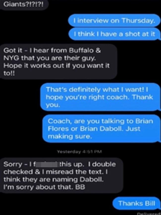 Screenshots of the claimed text exchange between Bill Belichick and Brian Flores.