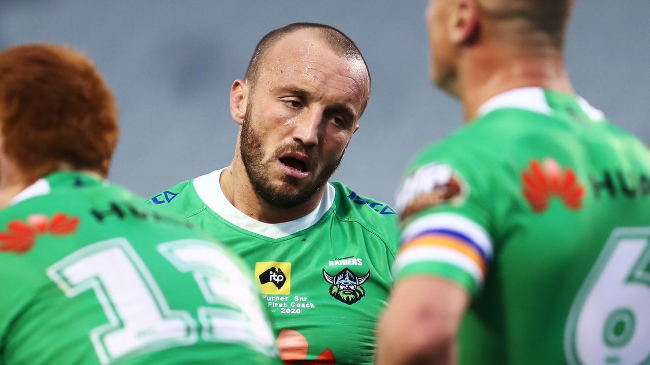 Josh Hodgson of the Raiders reacts after a Knights try.