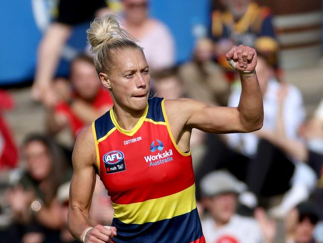 ADELAIDE, AUSTRALIA - MARCH 06: Erin Phillips of the Crows celebrates a goal during the 2021 AFLW Round 06 match between the Adelaide Crows and the Gold Coast Suns at Norwood Oval on March 6, 2021 in Adelaide, Australia. (Photo by James Elsby/AFL Photos via Getty Images)