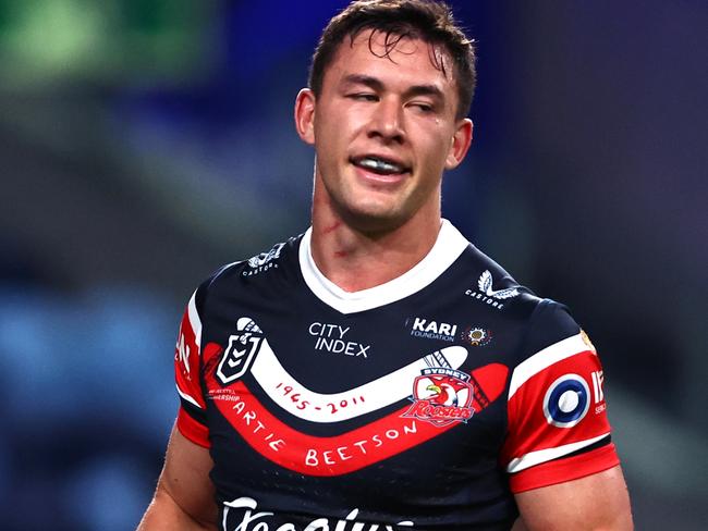 SYDNEY, AUSTRALIA - AUGUST 12: Joseph Manu of the Roosters celebrates scoring a try during the round 24 NRL match between Sydney Roosters and Dolphins at Allianz Stadium on August 12, 2023 in Sydney, Australia. (Photo by Jeremy Ng/Getty Images)