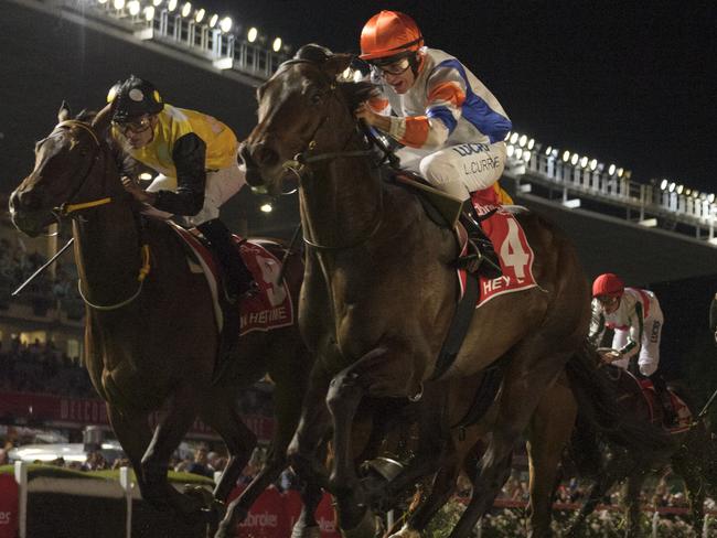 MELBOURNE, AUSTRALIA - OCTOBER 27:  Luke Currie riding Hey Doc defeats Corey Brown riding In Her Time in Race 7, Ladbrokes Manikato Stakes during Manikato Stakes Night at Moonee Valley Racecourse on October 27, 2017 in Melbourne, Australia.  (Photo by Vince Caligiuri/Getty Images)