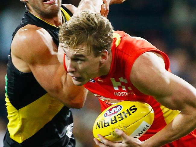 GOLD COAST, QUEENSLAND - JULY 29:  Tom Lynch of the Suns in action during the round 19 AFL match between the Gold Coast Suns and the Richmond Tigers at Metricon Stadium on July 29, 2017 in Gold Coast, Australia.  (Photo by Jason O'Brien/AFL Media/Getty Images)