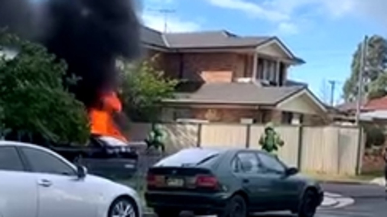 Video also captured what is believed to be the getaway car engulfed in flames.