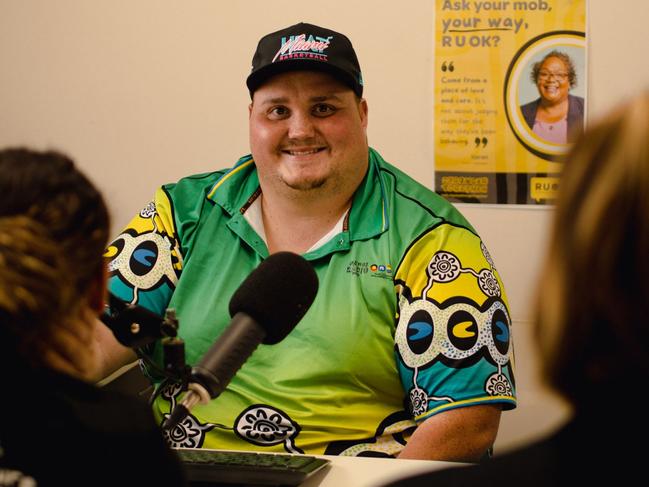 Lachlan 'Lockie' Skinner broadcasting a One Mob Radio show from Gumbaynggirr country.