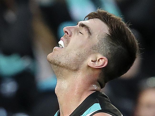 AFL - Port Adelaide v Fremantle at Adelaide Oval. Scott Lycett reacts to a missed opportunity Picture SARAH REED