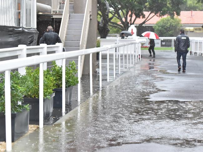 Eagle Farm cannot escape the deluge as the storm cell continues to intensify in and around Brisbane. Picture: Grant Peters, Trackside Photography