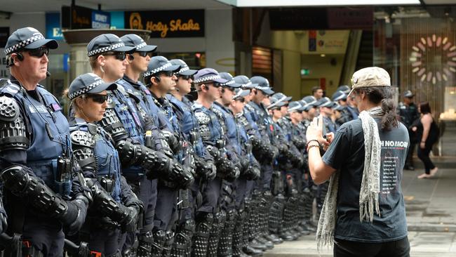 Victoria Police maintained a heavy presence during Sunday’s protest. Picture: AAP