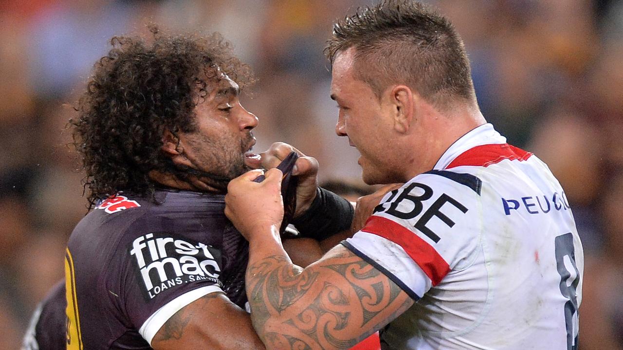 Jared Waerea-Hargreaves (right) wants to fight Sam Thaiday in the boxing ring at the next NRL All Stars fight night. Picture: Bradley Kanaris/Getty Images