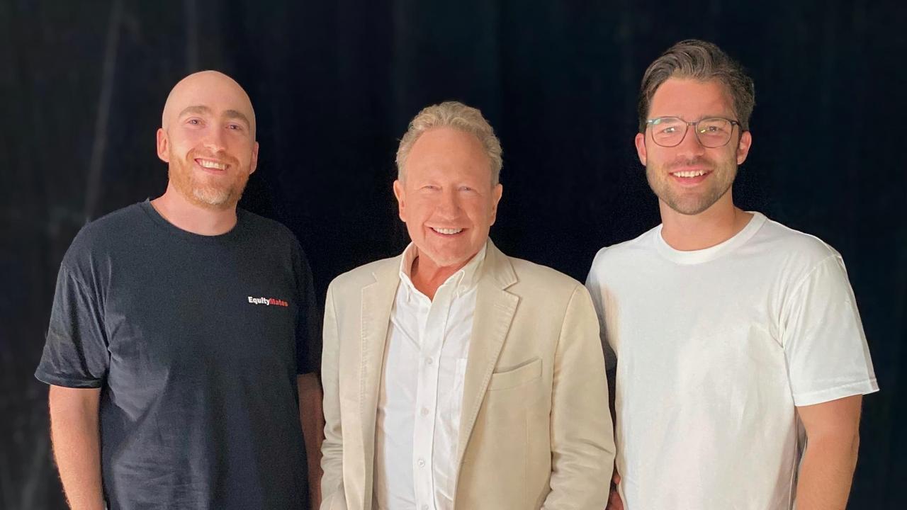 Andrew ‘Twiggy’ Forrest with the hosts of Equity Mates, Alen Renehan (left) and Bryce Leske. Picture: Supplied