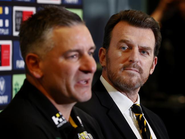 MELBOURNE, AUSTRALIA - September 22, 2023. AFL .   New Richmond coach Adam Yze faces the media with president John O'Rourke and CEO Brendon Gale at the Tigers Punt Road headquarters.   Photo by Michael Klein.