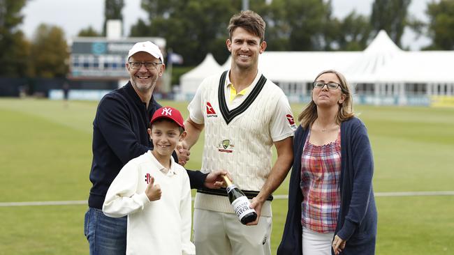 Mitch Marsh accepts his prize as the player of the match in Australia’s tour match against Derby last month. Picture: Getty Images