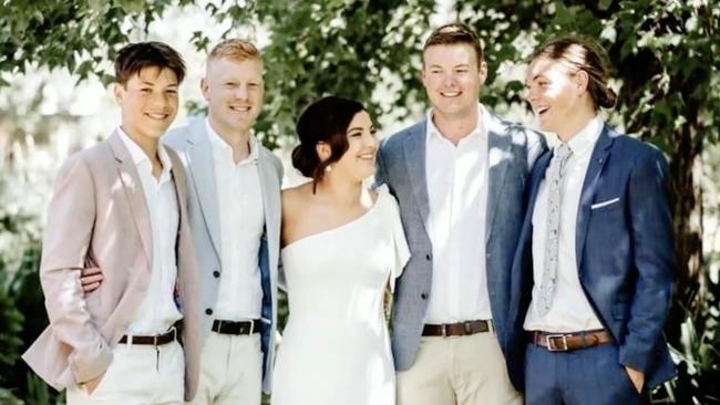 Charlie (far left) with his siblings Josh, Sophie, Dylan and Tom on her wedding day in 2020. Picture: Supplied